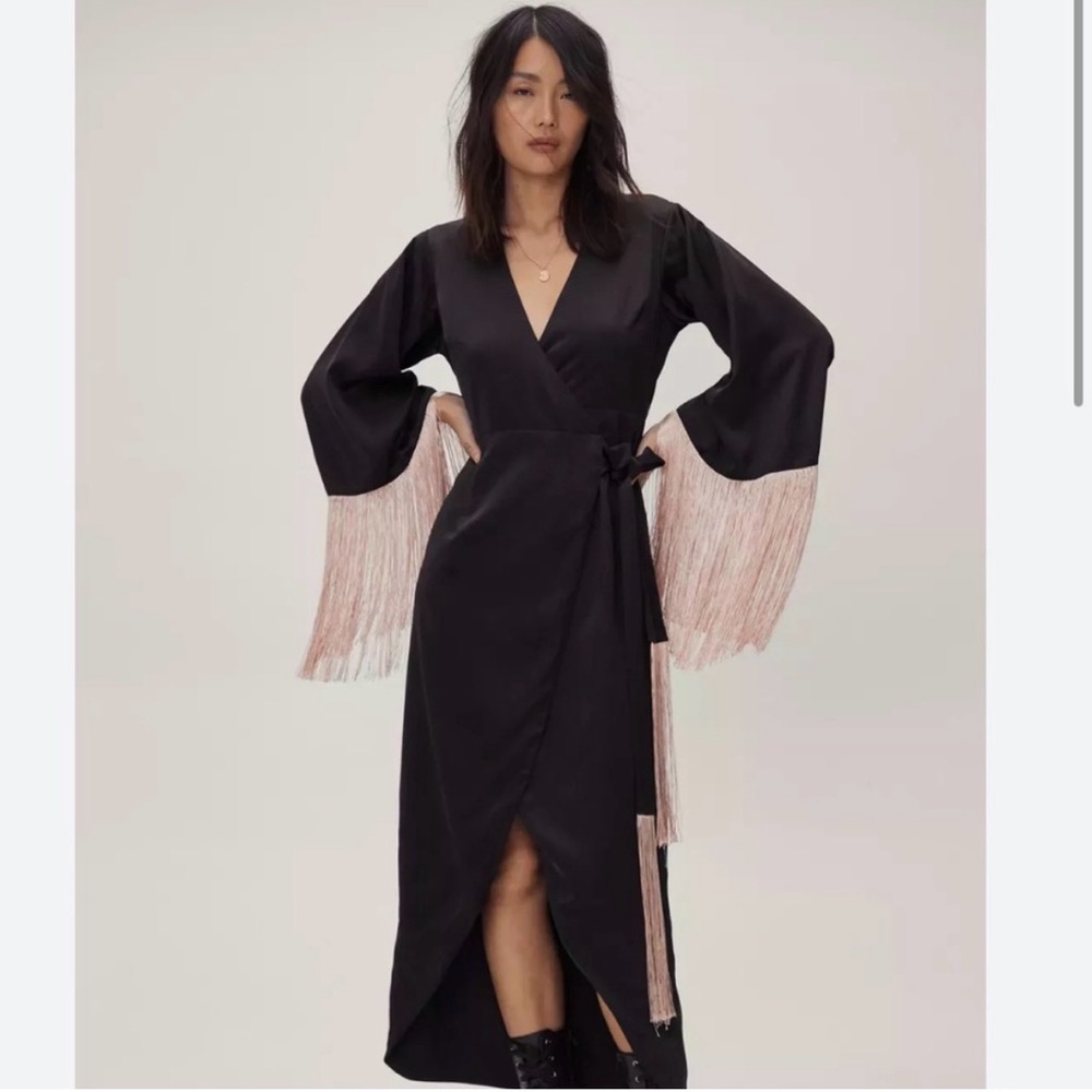 Nasty Gal Black Wrap Maxi Dress with Pale Pink Fringe Cuffs